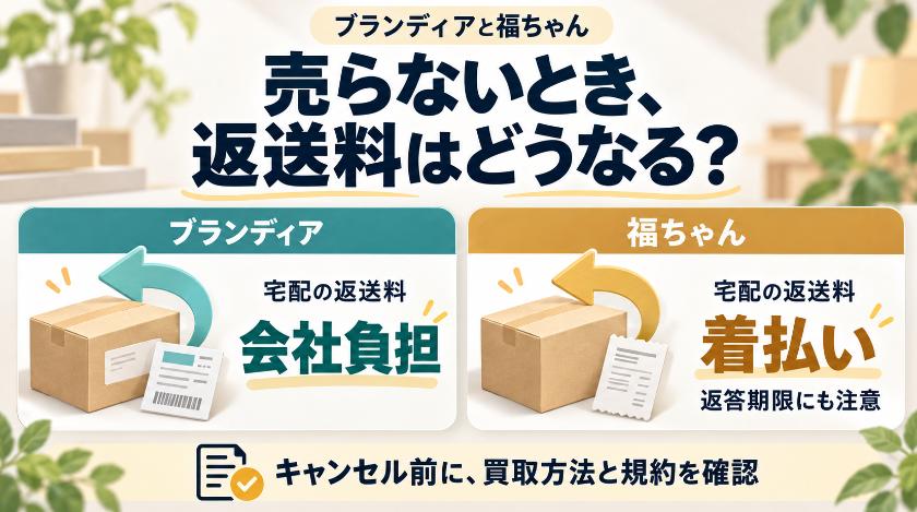 売らないときの返送料とキャンセルは、ブランディアと福ちゃんで違う