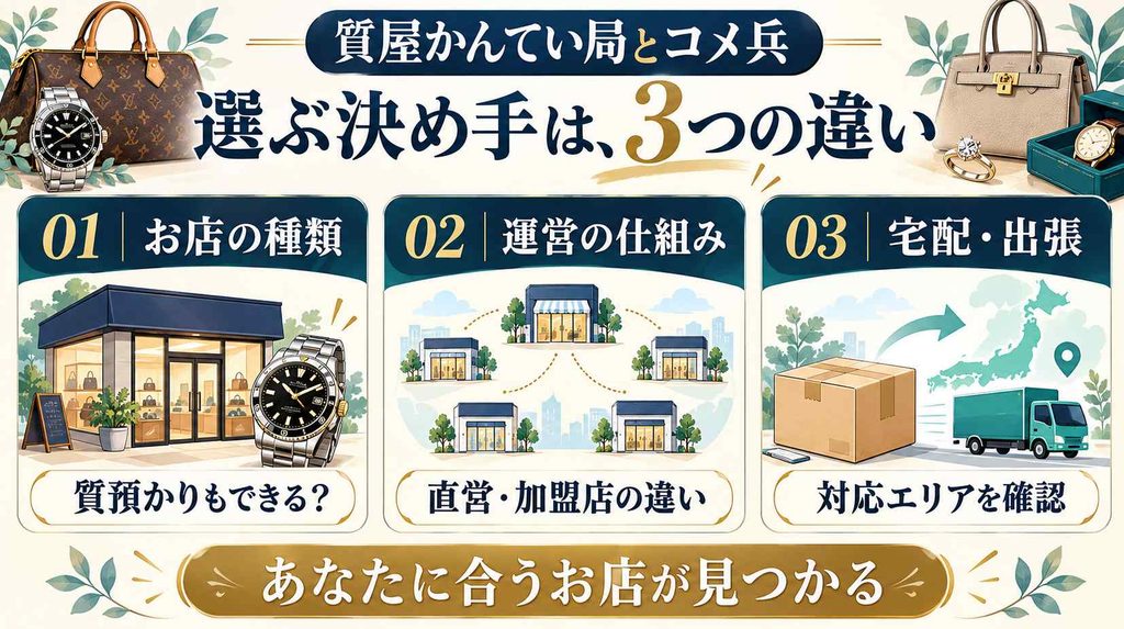 質屋かんてい局とコメ兵を一覧で比較！ 違いは3つ、どっちが合うかすぐ分かる