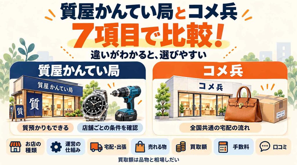 質屋かんてい局とコメ兵を7項目で比較！違いを並べるとどっちか見えてくる